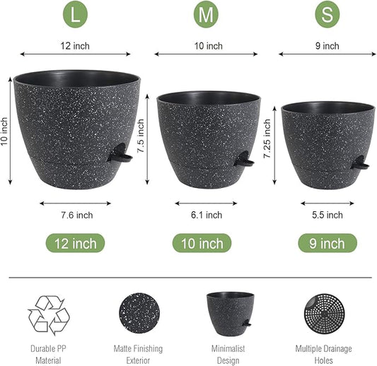 Large Self Watering Pots, 12/10/9 Plastic Planters with High Drainage Holes and Deep Reservoir for Indoor Outdoor Garden Plants and Flowers, Black Speckles