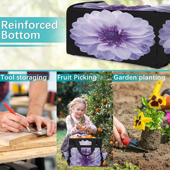 Purple Dahlia Garden Tool Bag Waterproof Gardening Tool Storage Bag with Handle & 10 Pockets Gardening Tote Bag for Women Garden Tool Organizer