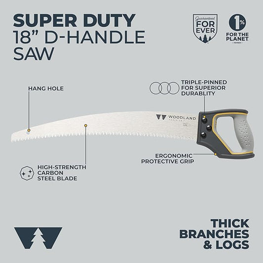 Woodland Tools Super Duty D-Handle Pruning Saw – Curved Tree Saw with Hardened Steel Blade, Aggressive Teeth, Non Slip Grip – Manual Tool for Limb Cutting, Branch Removal, and Yard Work