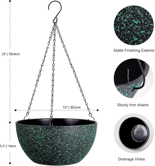 12 inch Large Hanging Planters for Indoor Outdoor Plants, 2 Pack Hanging Flower Pots with Drainage Holes and Chain, Plastic Hanging Baskets for House Plants, Black with Green Speckles