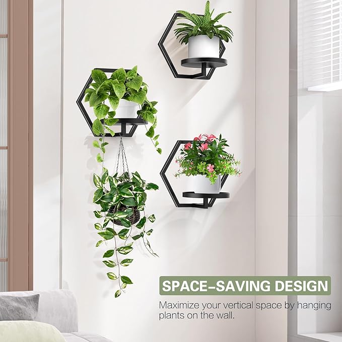 3 Packs Wall Planters for Indoor Plants, 7.9inch Metal Wall Plant Holder Hanger Wall Decor, Wall-Mounted Hanging Planters Window Plant Shelves Outdoor(Black)