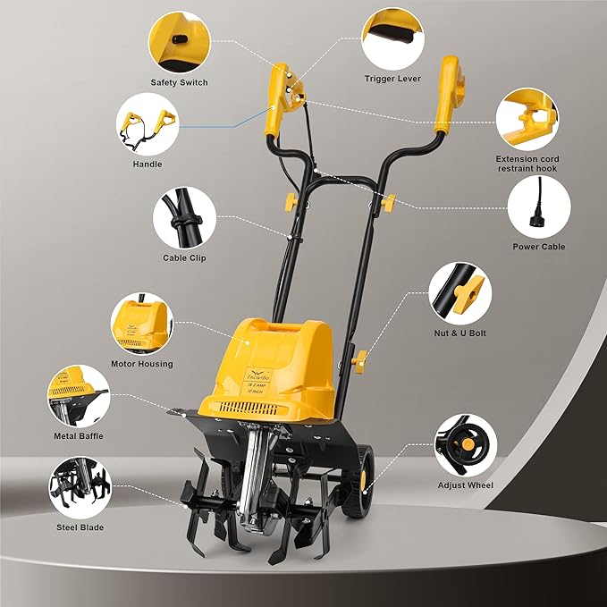 Electric Tiller/Cultivator 4 Steel Tines, 8'' Tilling Depth Garden Roto Tillers for Gardening, 13.5 Amp 12 Inch Corded Rototiller with Adjustable Wheels, Yellow