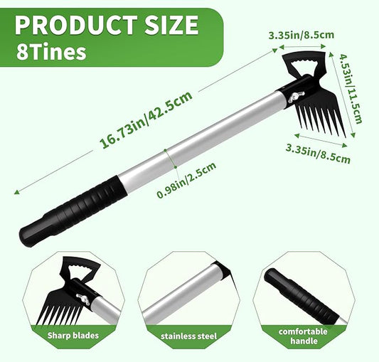 Weeding Puller Tool 8 Tooth, Manual Weed Rake Weeder Remover Tool Gardening, Dandelion Gardenia Uprooting Tool for Yard, Lawn, Patio and Garden