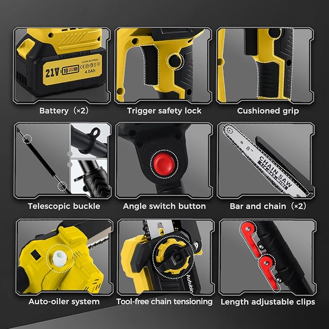 Brushless 2-IN-1 Cordless Pole Saw & Mini Chainsaw, 2× 21V 4.0Ah Battery Powered 8 Inch Chain,Max 16 Ft & Multi-Angle Electric Pole Saw for Tree Trimming, Christmas Gifts For Father,Husband,Men