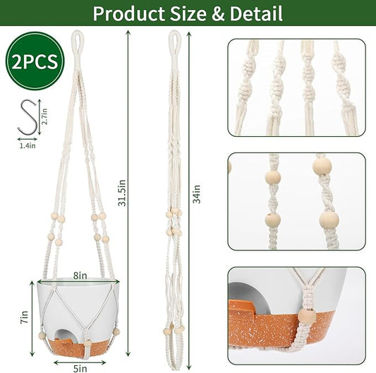 GARDIFE 8 Inch Hanging Planters with Macrame Plant Hanger for Indoor and Outdoor Plants, 2 Pack Large Self Watering Hanging Plant Pot with Basket Flower Pot with Drainage Hole, White