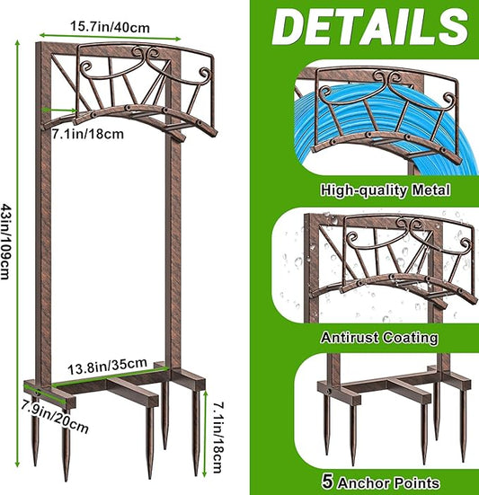 Garden Hose Holder, Heavy Duty Metal Water Hose Holders Hose Stand with 5 Spikes, Freestanding Hose Storage Rack Hose Hanger Holds 150ft Hose for Outside Yard Lawn Garden Decor
