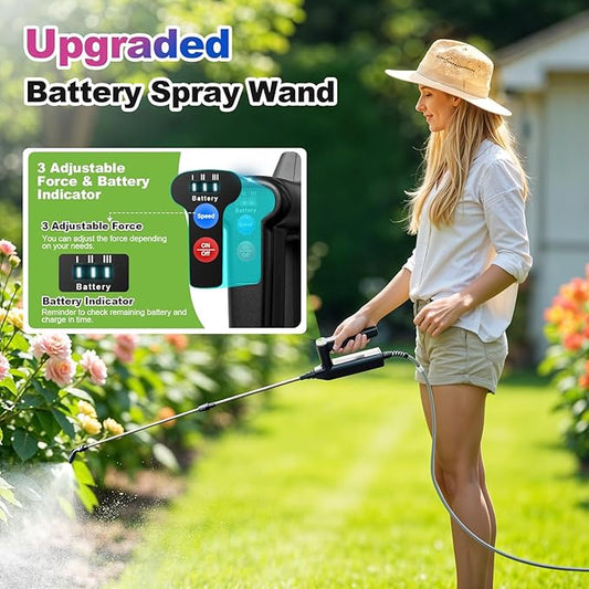Battery Powered Sprayer Wand, 32 Inch Garden Sprayer Telescopic Wand with 3 Adjustable Speeds, Battery Indicator, 26.2 FT Hose, 7.4V Rechargeable Water Sprayer Wand with 4 Adjustable Nozzles & Filter