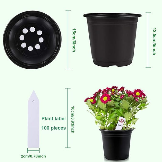 Augshy 75 Pcs 0.5 Gallon Black Plastic Plant Nursery Garden Pots 6 Inches Seed Starting Pots Containers with 100 Labels