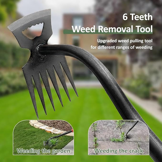 Weed Puller, Manual Weed Remover Tool with Rubber Handle, 6-Tine Forged Manganese Steel Weed Puller Tool Weeder for Yard Farm Garden