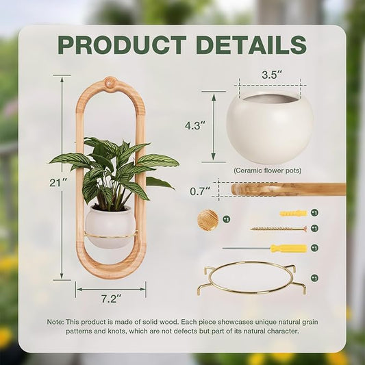 Wooden Wall Planters for Indoor with Ceramic Pot - Modern Hanging Plant stand Shelf for Indoor Plants, Wall Mounted Plant Holder for Living Room, Bedroom, Wall Decor - Raw Wood Color (Set of 1)