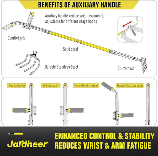 Jardineer 4-Tine Cultivator Rake with Auxiliary Handle, Garden Cultivator Long Handle, Hand Tiller Tool for Gardening Digging Loosening Weeding