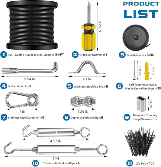 NEREUS String Light Hanging Kit with 164 Ft Vinyl Coated 304 Stainless Steel Cable, String Light Suspension Kit, Guide Wire with Turnbuckles and Hooks for Patio, Backyard Lighting Accessories