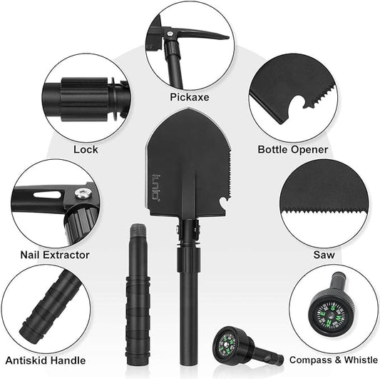 iunio Camping Shovel,Shovel Folding, Portable, Multitool, Foldable Entrenching Tool, Collapsible Spade, for Backpacking, Trenching, Hiking, Survival, Car Emergency