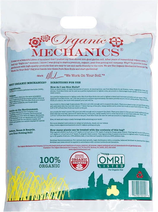 Organic Mechanics Pure Rice Hulls, 8 qt - Sustainable Alternative to Perlite - Enhances Drainage, Porosity and Air Space - Eco-Friendly