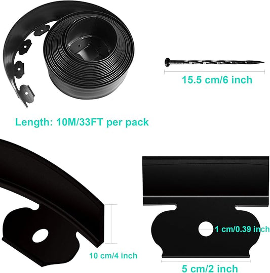 Landscape Edging Coil 66 FT, 4 Inch Tall Garden Edging Border Flexible Lawn Edging Kit with 60 Spikes, Plastic Edging for Landscaping Flower Beds Yard Pathway Paver Edging (4IN x 66FT, Black)