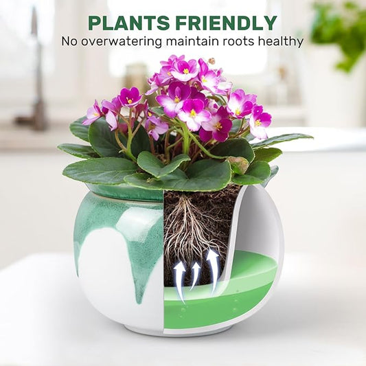 African Violet Pots, 6 Inch Self Watering Pots for Indoor Plants, Easy Plant Self Watering Planter, Ceramic Plant Pot with Absorbent Inner Pot for Flowers - Gradient Green (No Plants)