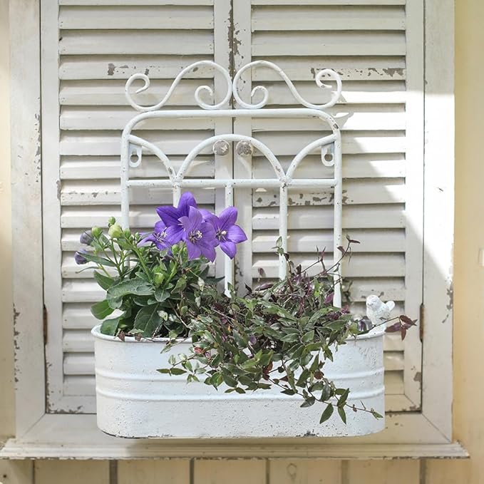 Vintage Rustic Wall Planter Distressed Decor Iron Hanging Plant Basket Shabby Metal Wall Mounted Flower Holder Pot Stand for Indoor Outdoor Home Balcony Patio Farmhouse Garden Decorative (White)