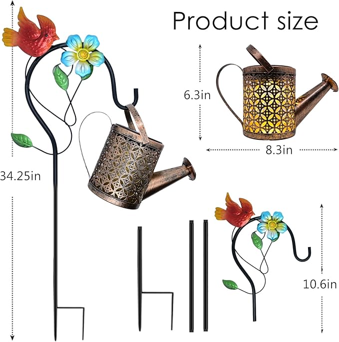 Solar Watering Can with Cascading Lights Outdoor Garden Decor, Cardinal Shaped Hook Gardening Gifts for Mom Women Grandma Birthday, Solar Lights for Garden Decorations Patio Yard Lawn Backyard