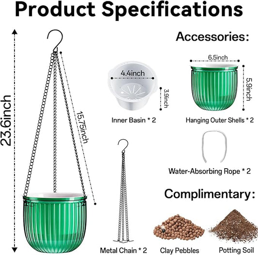 Halatool 2 Pack Self Watering Hanging Planters for Indoor Plants - 6.5 Inch Outdoor Hanging Flower Pots with 2 Metal Chains for Garden Home Wall Decor (Peacock Green)