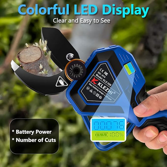 Cordless Electric Pruning Shears with Colorful LED Dispaly,Cut capacity of 32mm / 1.26inches, 2 x 2 Ah Lithium Rechargeable Battery 8-10 Working Hours Blue
