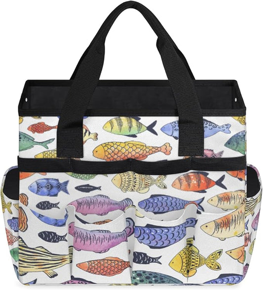 Fishes Garden Tool Bag Waterproof Gardening Tool Storage Bag with Handle & 10 Pockets Gardening Tote Bag for Women Garden Tool Organizer