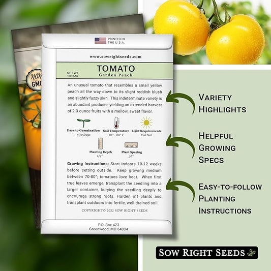 Sow Right Seeds - Garden Peach Tomato Seeds for Planting - Non-GMO Heirloom Packet with Instructions to Grow an Outdoor Home Vegetable Garden - Unique Peach-Shaped Tomato - Great Gardening Gift