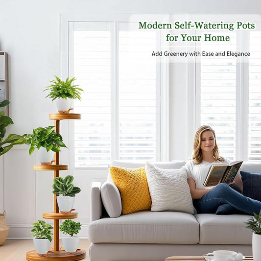 6 Inch Self Watering Pots for Indoor Plants (5-Pack) – Small Plastic Planters with Water Window, Drainage Holes & Trays, Indoor Outdoor Flower Pots for Herbs, Succulents, Home Garden Decor (White)