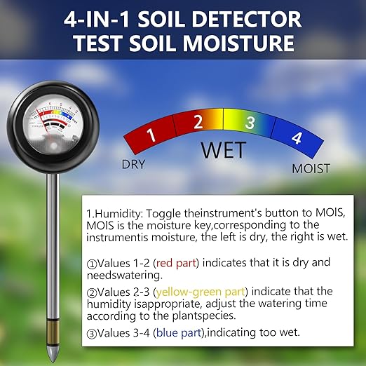 4-in-1 Soil Tester, Soil Moisture Meter/Soil PH Meter/Sun-Light/Fertility, Moisture Meter for Plants Gardening, Lawn, Farm (No Battery Required)
