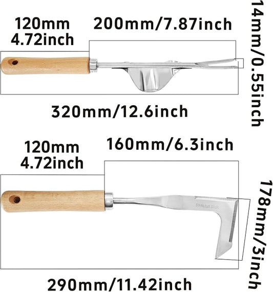2PCS Garden Weeding Tool Set, Stainless Steel Weed Puller with Ergonomic Wood Handle, Heavy Duty Manual Hand Weeder Fork for Lawn, Farmland & Patio, Deep Root Removal Tool