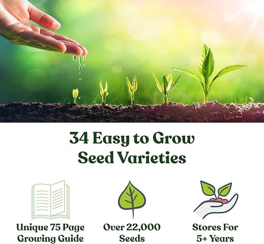 22,000 Non GMO Heirloom Vegetable Seeds, Survival Garden, Emergency Seed Vault, 34 VAR, Bug Out Bag - Beet, Broccoli, Carrot, Corn, Basil, Pumpkin, Radish, Tomato, More