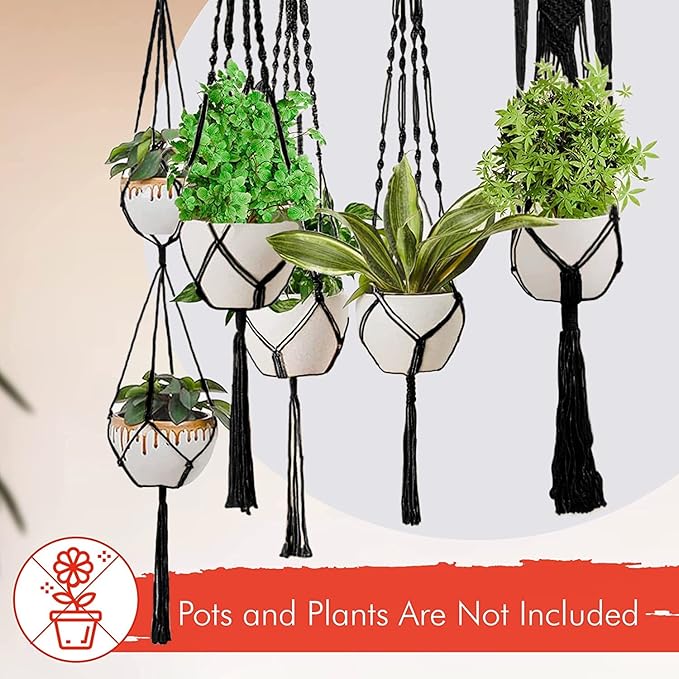 Feedee Macrame Plant Hangers - 6 Pack, Black, Indoor/Outdoor, Cotton