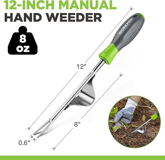 WORKPRO Weed Puller Tool, Metal Leverage Base and V-Shaped Forks for Easy Weed Removal & Deeper Root Digging, Heavy Duty Stainless Steel with Soft Handle, Manual Hand Weeder for Gardening