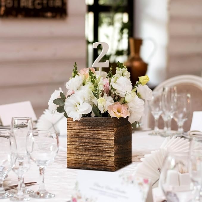 Dandat 12 Set Wood Cube Planter Box Square Wood Vase Rustic Cube Planter Box with Removable Plastic Liner Floral Foam Blocks for Centerpieces Home Wedding Garden Decor, Country Style (Brown)