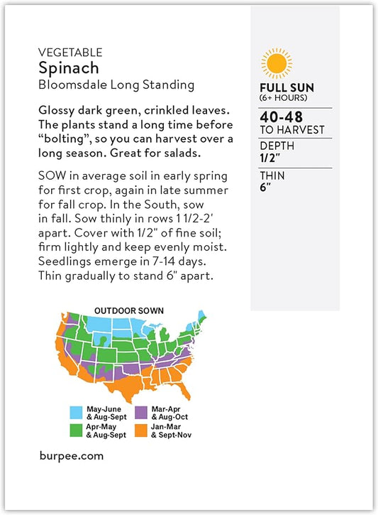 Burpee Bloomsdale Long Standing Spinach Seeds - Heirloom, Slow-Bolting