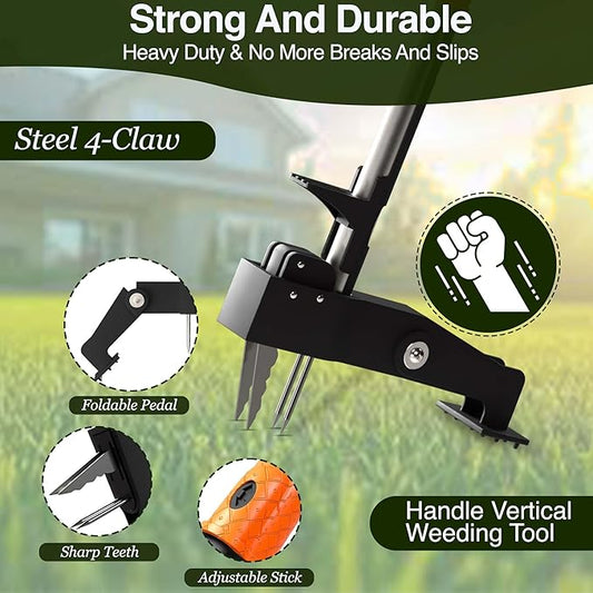Manual Stand Up Weed Puller Tool with Long Handle | Heavy Duty 4-Claw Steel Head Weeder for Root Removal | Ergonomic Weeding Tool for Dandelion, Lawn, Yard & Garden Maintenance