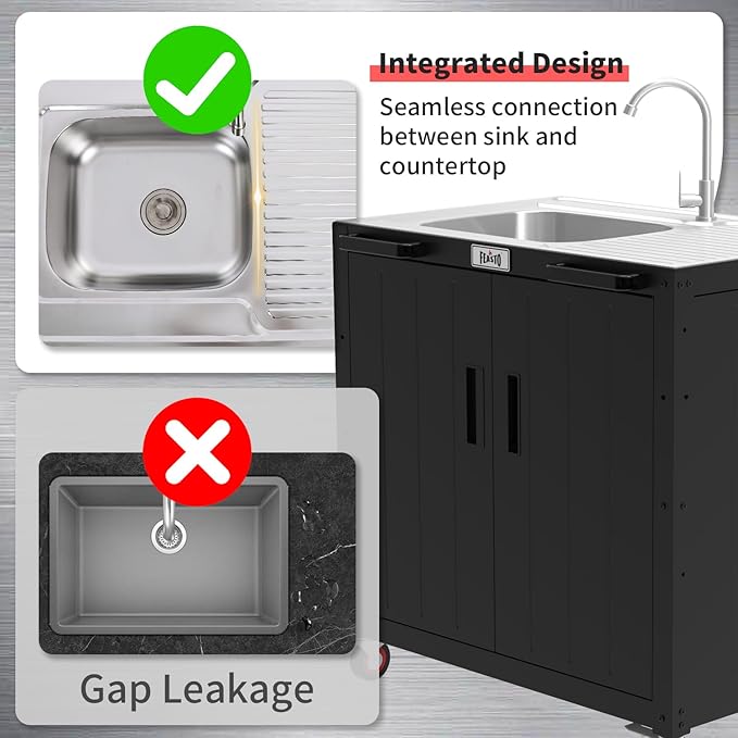 Freestanding Grill Cart with Sink and Cabinet, Movable Outdoor Cart Table with 304 Stainless Steel Sink, Outdoor Grill Cart, Outdoor Grill Station with Wheels, L35.4 x W24