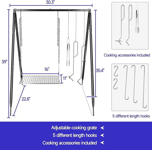 Grill Swing Campfire Cooking Stand, BBQ Grill for Cookware, Bruntmor Dutch Oven Adjustable Collapsible Legs with Hooks and Accessories