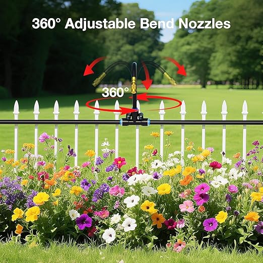 360° Adjustable Drip Irrigation Nozzles Suitable for 1/4 inch Pipes Only 6 Flexible Misting Copper Nozzles and 6 Three-Way Quick Connects