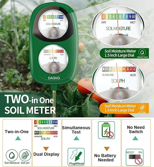 2-in-1 Soil Moisture Meter, Soil PH Meter, Large Dual-Screen Soil PH Tester & Moisture Meter for Plants Indoor&Outdoor Garden,Lawn,Farm Soil Test Kit-No Battery Needed-Leaf Green