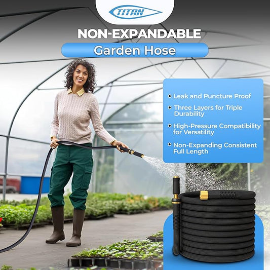 TITAN Garden Hose | Flexible, Lightweight, Kink-Free & Durable Hybrid Water Hose with Heavy Duty Brass Connectors & High-Pressure Jet Nozzle (50FT x 1/2”)
