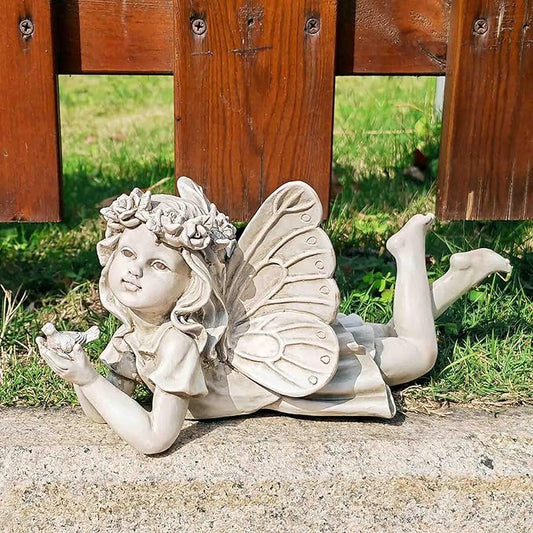 Resin Fairy Statue Holding Bird – Outdoor Garden Fairy Figurine for Yard, Patio or Lawn, Whimsical Fairy Garden Decor for Outside 11” L