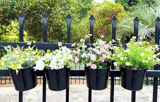 4 Pack Black Railing Planter, 6 Inch Metal Hanging Planters for Outside Balcony Rails Fence with Detachable Hooks, Flower Pots Outside for Garden Patio (Black, Pack of 4)