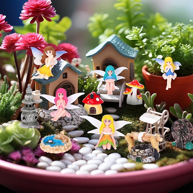 Unittype 22 Pcs Flower Fairy Gnome Accessories Garden Outdoor Miniature Bridge Mushroom Lighthouse Water Well Pond Resin Figures Garden Decorations Miniature Figurines for Craft (Flower Fairy)
