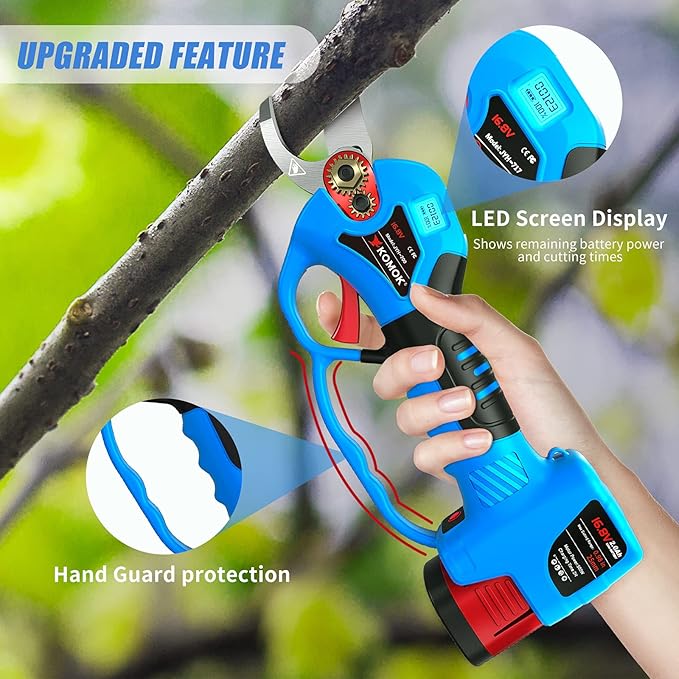 KOMOK Cordless Electric Pruning Shears, Professional Battery Powered Pruning Shears Fruit Tree Branches Cutter, 25mm/1" Cutting Diameter, 6-8 Working Hours with Handguard & LED Display
