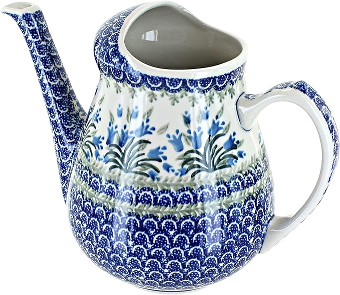 Blue Rose Polish Pottery - Blue Tulip Bouquet Watering Can - 8" Tall - Polish Pottery Watering Can, for The Garden, Patio or Indoor Décor