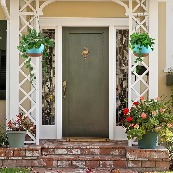 Set of 2 8 Inch Self Watering Hanging Planters for Indoor Outdoor Plants, Color Blocking Hanging Baskets Flower Pots with Drainage Hole & Removable Water-Storage Tray