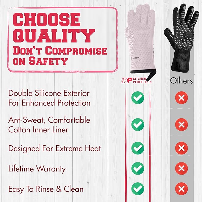KITCHEN PERFECTION S Silicone Smoker Oven Gloves for Women -Extreme Heat Resistant BBQ Gloves -Handle Hot Food Right on Your Grill Fryer |Waterproof Oven Mitts Cooking Gloves |Superior Set+3 Bonuses