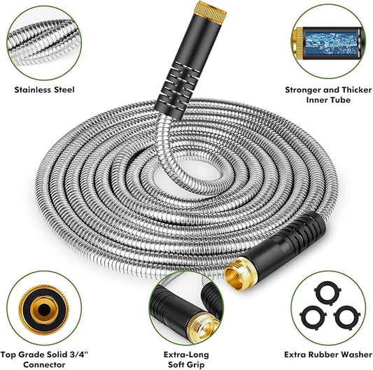 Garden Hose 200ft, Stainless Steel Heavy Duty Water Hose with 10 Function Nozzle Flexible, Lightweight, No-Kink, Pet Proof, Puncture Proof Metal Hose for Yard, Outdoor