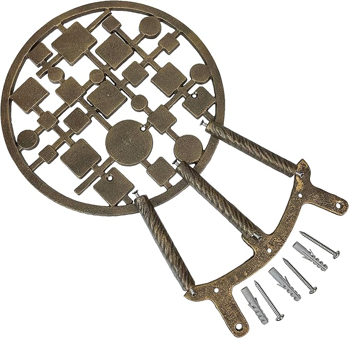 Mid-Century Modern Cast Iron Circles & Squares Hose Holder – Bronze Finish, Wall-Mounted, Weather Resistant, Durable Outdoor Storage, 11.75 Inch Diameter