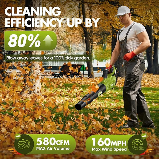 Leaf Blower Cordless - 2025 Update 150000RPM & 3 Speed Levels Electric Leaf Blower with 2 x 4.0Ah Battery and Charger, Extension Tube Blower for Lawn Care, Yard, Garage, Blowing Leaves, Dust or Snow